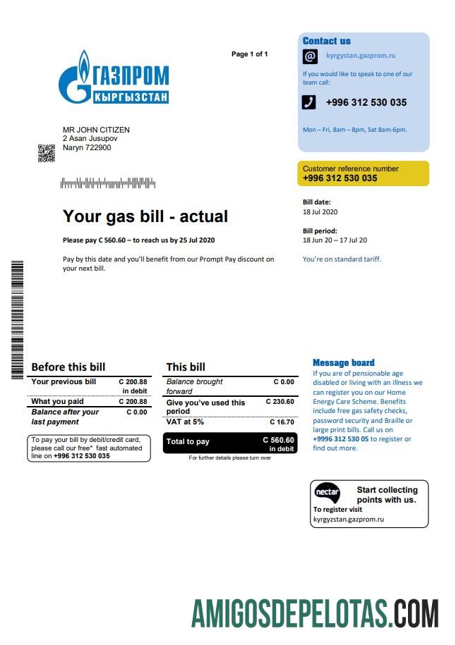 realista Modelo de conta de serviços públicos da Gazprom do Quirguistão em formato Word e PDF